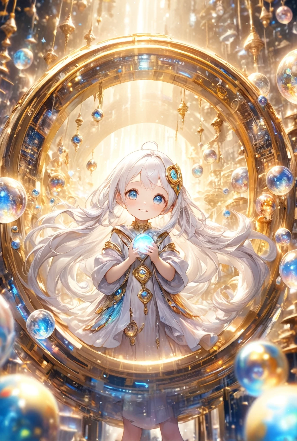 (Highest quality, 8k, 32K, masterpiece, Ultra-high resolution,:1.2),to be born, One Girl,So cute , A fantasy background reminiscent of an electronic world, clear, Shining Eyes, Age 25 ,Fair skin, White Haired Girl, Fantasy Clothing, Long Hair, An innocent smile