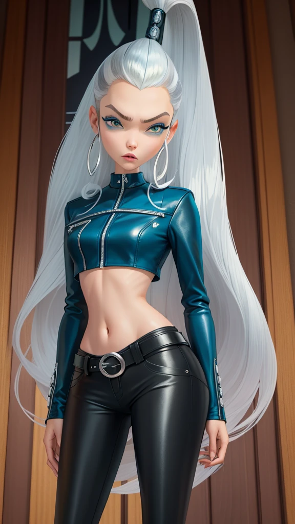 ​masterpiece, best quality, Ultra-detail, Illustration, 1 girl, icywinx, alone, very long hair, black open leather jacket, Jeans, belt, Creolen, navel, Fantasies, leather boots, spread legs, hochnäsiger Blick, closed mouth, Fantasies worlds, Komposition,  