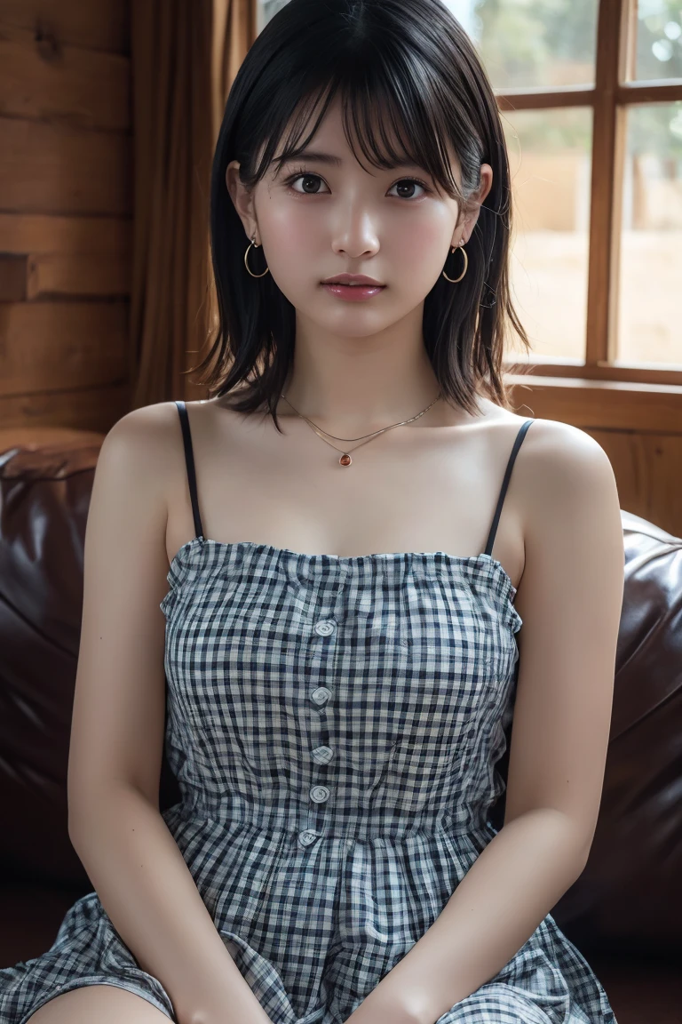 (Highest quality:1.4),(masterpiece:1.4),(Realistic:1.4),(Realistic:1.2),(超High resolution, RAW Photos:1.4),(High resolution, Ultra-detailed:1.2),(8k:1.2),View your viewers,Cinematic photography,One girl,skeletally correct,Black-haired woman,Woman in her early 20s,(Small earrings,necklace,Checkered tube top dress),(Western-style building interior,Dimly lit room,The lamplight shines on my cheeks,Sit on the sofa)