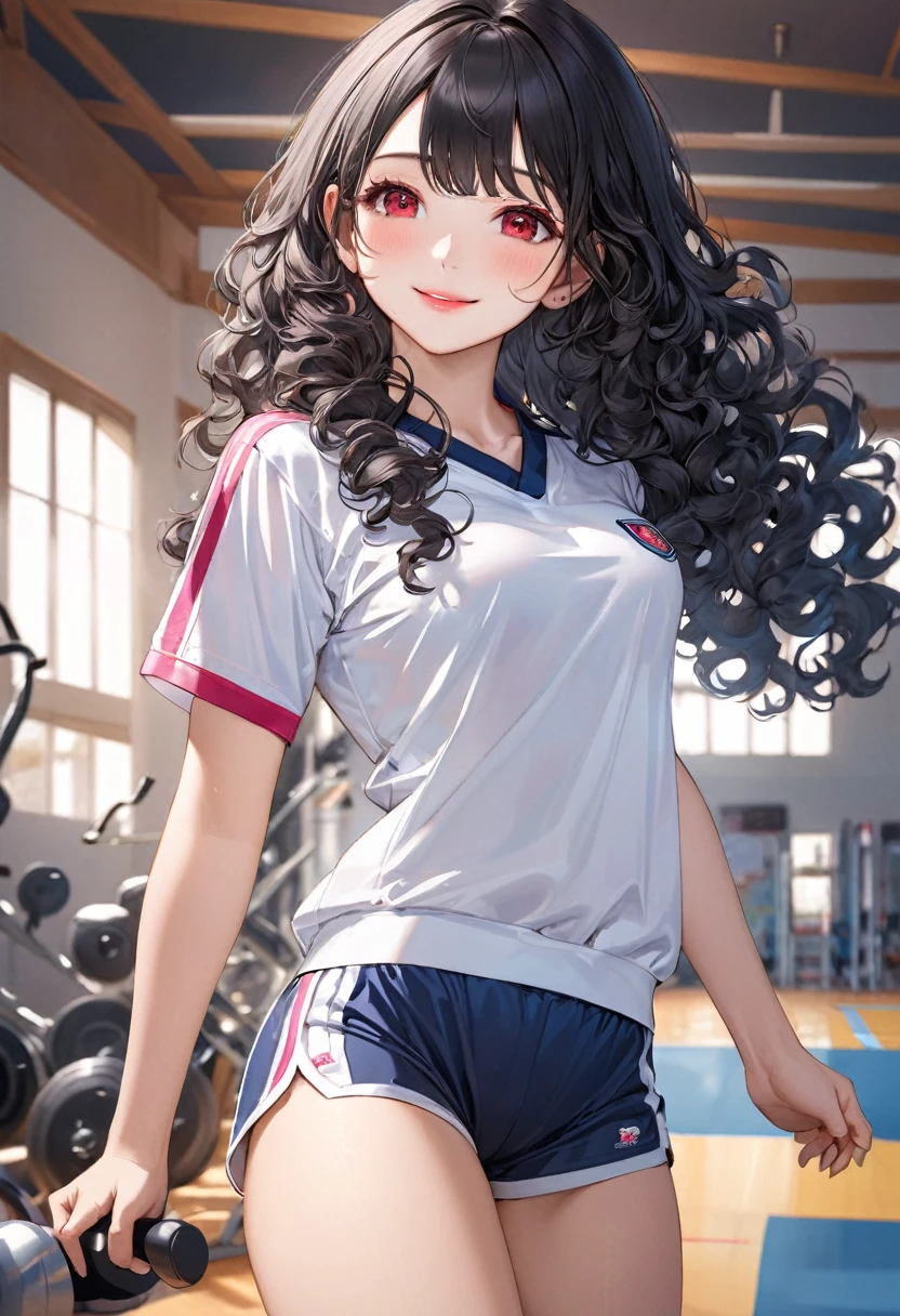 (beautiful detailed cute style), (solo:2, 15 yo), (beautiful detailed curly:1.3), (beautiful detailed black hair long hair) (best beauty girl, beautiful red eyes, glossy lip, best cute smile:1.1, medium tits), in a gym uniform, navy blue buruma, break, in the school gym, BREAK, perfect anatomy, masterpiece, best quality, 16k, beautiful detailed summer, daydreaming expression.