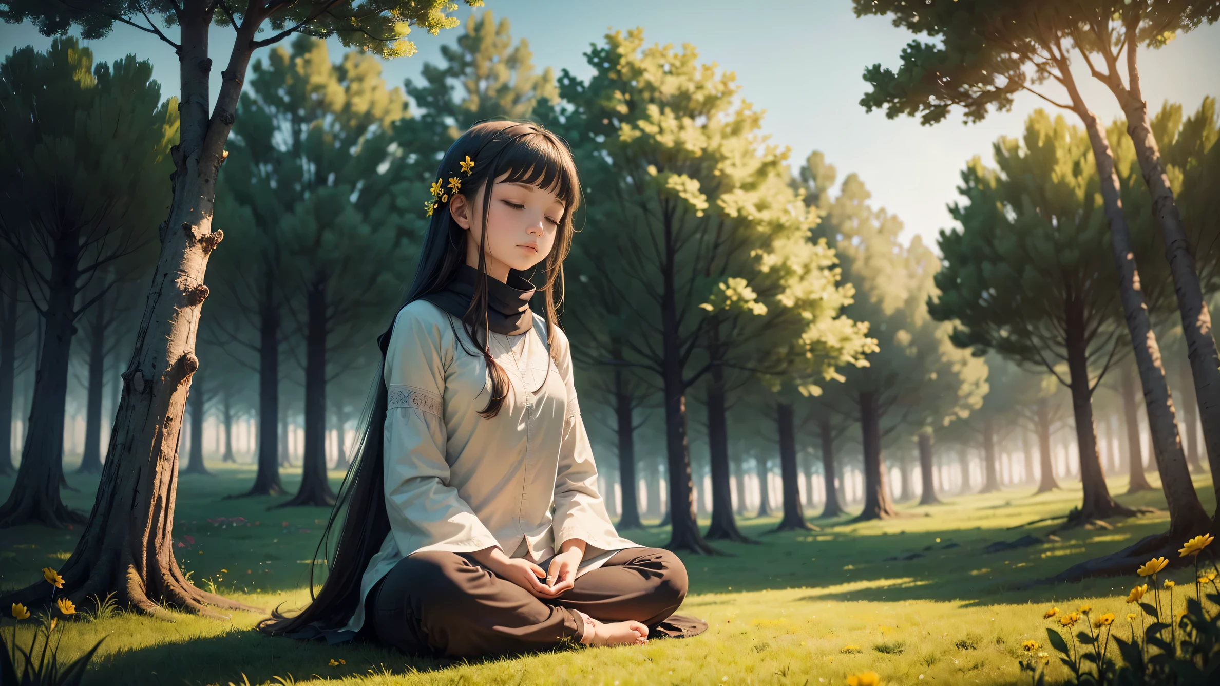A photo of a girl meditating, surrounded by nature, like a peaceful forest or a field full of colorful flowers..
This image conveys a sense of serenity, connection with nature and an atmosphere of peace, which is consistent with the tone of the prayer.