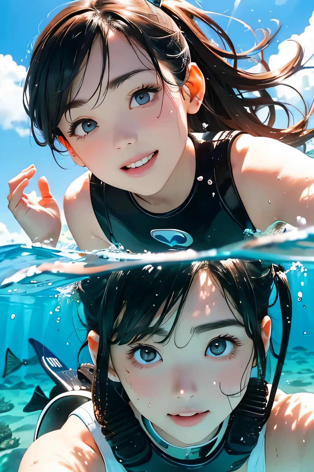 Highest quality、High resolution、Detailed Background、(Beautiful face in every detail:1.4)、Anatomically correct、(Normal number of fingers:1.2)、Detailed eyes、Teenage beauty、Highly detailed face、(Huge breasts:1.2)、Perfect body line、Light color hair、Bobcut、ponytail、cute hairstyle、well-groomed eyebrows、cute gesture、Natural beauty、Enjoy in nature、
(Two beautiful girls enjoying snorkeling and diving:1.5)、
Clear blue sky and sea、The girls floating there、Free and adventurous in the sea、They seem to enjoy themselves while cherishing their friendships.、The dance of blue sea and light、The sky reflected on the blue sea、In the clear water、
Put on your diving gear and dive into the ocean、What unfolds before my eyeysterious underwater world、Fish swimming on the coral reef、It's like a different world、Move your body slowly、Enjoy the view、Enjoy snorkeling with friends while holding hands、Explore the blue ocean while being rocked by the waves、Occasionally popping out to take a breath and showing a happy smile、
Immerse yourself in the freedom and bliss of the ocean、The sunlight shines on the sea、The underwater world is mysterious、
Enjoy a fulfilling time while feeling the pleasant sea breeze、Enjoy the underwater world with your friends、cute