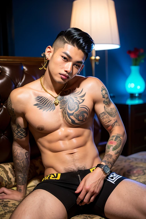 ((best quality)), ((masterpiece)), (detailed), 1girl, sexy((best quality)), ((masterpiece)), (detail), 1man.
A handsome 23 year old Indonesian man, undercut hair, medium build, tattooed with black roses and gold koi fish all over his body, was sitting in a sexy style, wearing a CD while squeezing his penis, his big penis was clearly printed. Hands in a squeezing position, face with a seductive smile.
Background of a luxury room