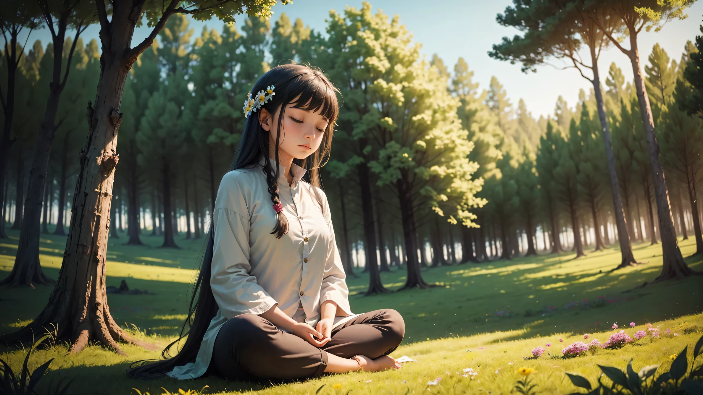 A photo of a girl meditating, surrounded by nature, like a peaceful forest or a field full of colorful flowers..
This image conveys a sense of serenity, connection with nature and an atmosphere of peace, which is consistent with the tone of the prayer.