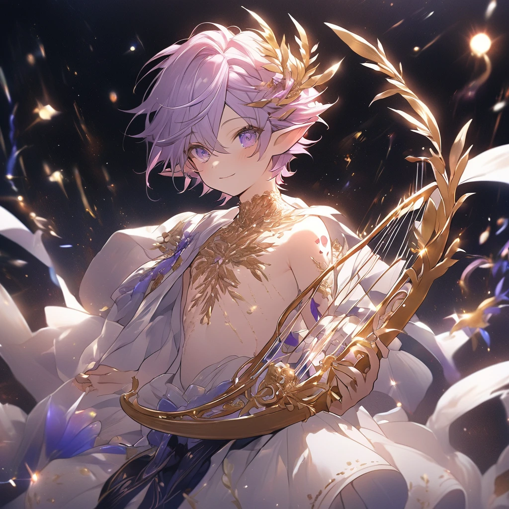 Art Manhwa 2D (4k Wallpaper) (best qualityer) (super verbose) an elf boy, Light Purple Hair With Glitter, Light Purple Eyes Too, he wears a white skirt, a golden Olive Branch around the Head, He has a Violet musical note tattoo on his chest., Holds a Celestial Harp, Cheerful and Fun Personality of an Elven God of Music.