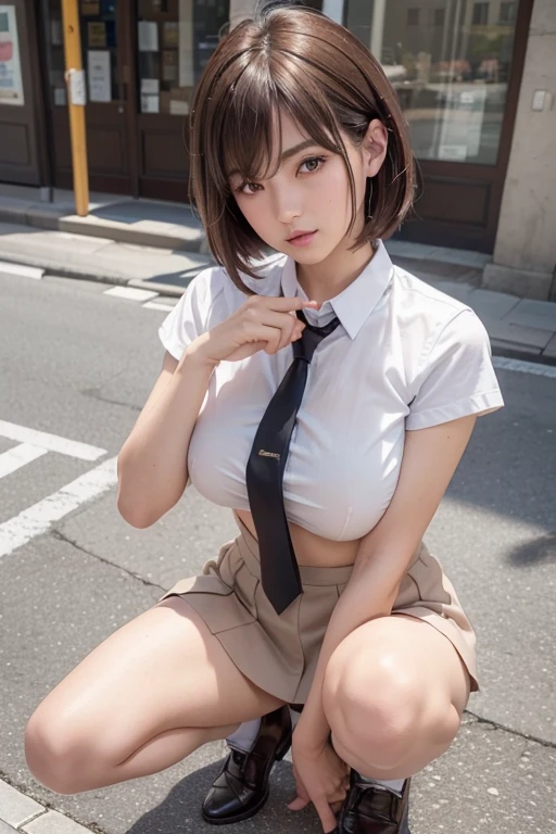In 8K,Highest quality,The real picture,Intricate details,Ultra-high resolution,Depth Field,Masseter muscle area,Natural soft light,Professional Lighting,One Girl,(cute:1.2),Very beautiful 17 year old girl,Detailed eyes,((Brown eyes)),(Brown Hair),(Short-haired),(Bans),Perfect Skin,Glowing Skin,White skin,Fine skin,Big ample breasts,((Perfect Anatomy,Nice hands,Perfect hands,Five fingers connected to the palm,Accurate needles without discomfort)),Perfect bare legs,Delicate legs,Perfect Proportions,Sexy,I can see your chest,((Japan Uniform)),((Uniform Mini Skirt)),(tie),Black socks,Chano Leather Shoes,Lurking deep in the city,I can see your crotch,Showing pubic hair in the street,Both legs are bent,Legs are spread in an M shape,Female genitalia is visible、Lower body naked