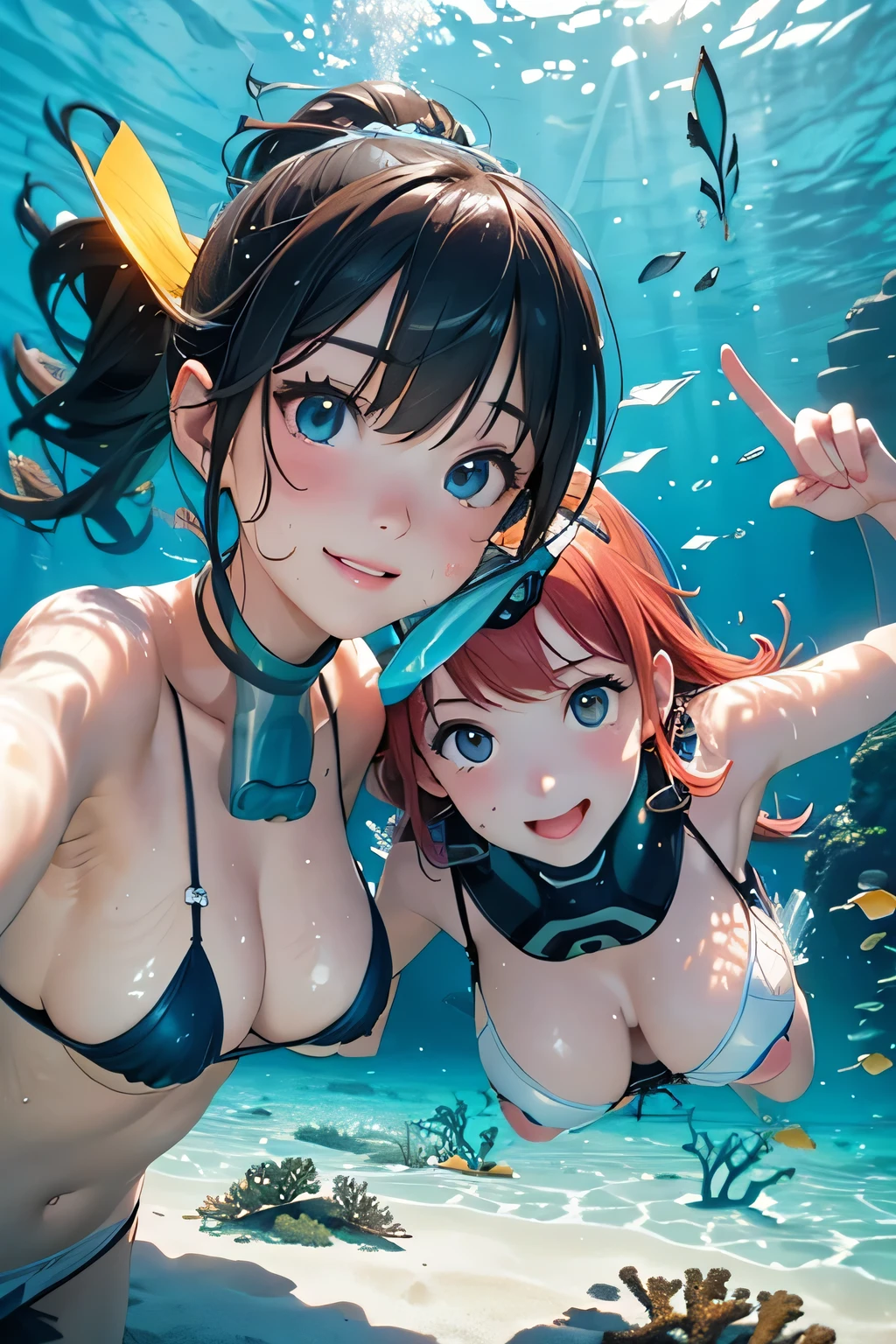 Highest quality、High resolution、Detailed Background、(Beautiful face in every detail:1.4)、Anatomically correct、(Normal number of fingers:1.2)、Detailed eyes、age beauty、Highly detailed face、(Huge breasts:1.2)、Perfect body line、Light color hair、Bobcut、ponytail、cute hairstyle、well-groomed eyebrows、cute gesture、Natural beauty、Enjoy in nature、
(Two beautiful girls enjoying snorkeling and diving:1.5)、
Clear blue sky and sea、The girls floating there、Free and adventurous in the sea、They seem to enjoy themselves while cherishing their friendships.、The dance of blue sea and light、The sky reflected on the blue sea、In the clear water、
Put on your diving gear and dive into the ocean、What unfolds before my eyeysterious underwater world、Fish swimming on the coral reef、It's like a different world、Move your body slowly、Enjoy the view、Enjoy snorkeling with friends while holding hands、Explore the blue ocean while being rocked by the waves、Occasionally popping out to take a breath and showing a happy smile、
Immerse yourself in the freedom and bliss of the ocean、The sunlight shines on the sea、The underwater world is mysterious、
Enjoy a fulfilling time while feeling the pleasant sea breeze、Enjoy the underwater world with your friends、cute