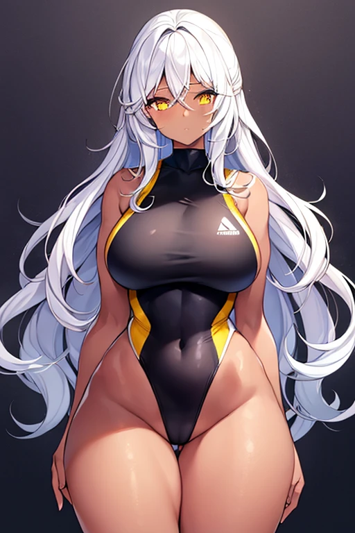 1girl, dark skin, black skin, dark-skinned female, white hair, long hair, large breasts, wide hips, thick thighs, sportswear, shy, timid, one-piece swimsuit, competition swimsuit, hourglass figure, mature female, skin tight, tight clothes, yellow eyes, toned