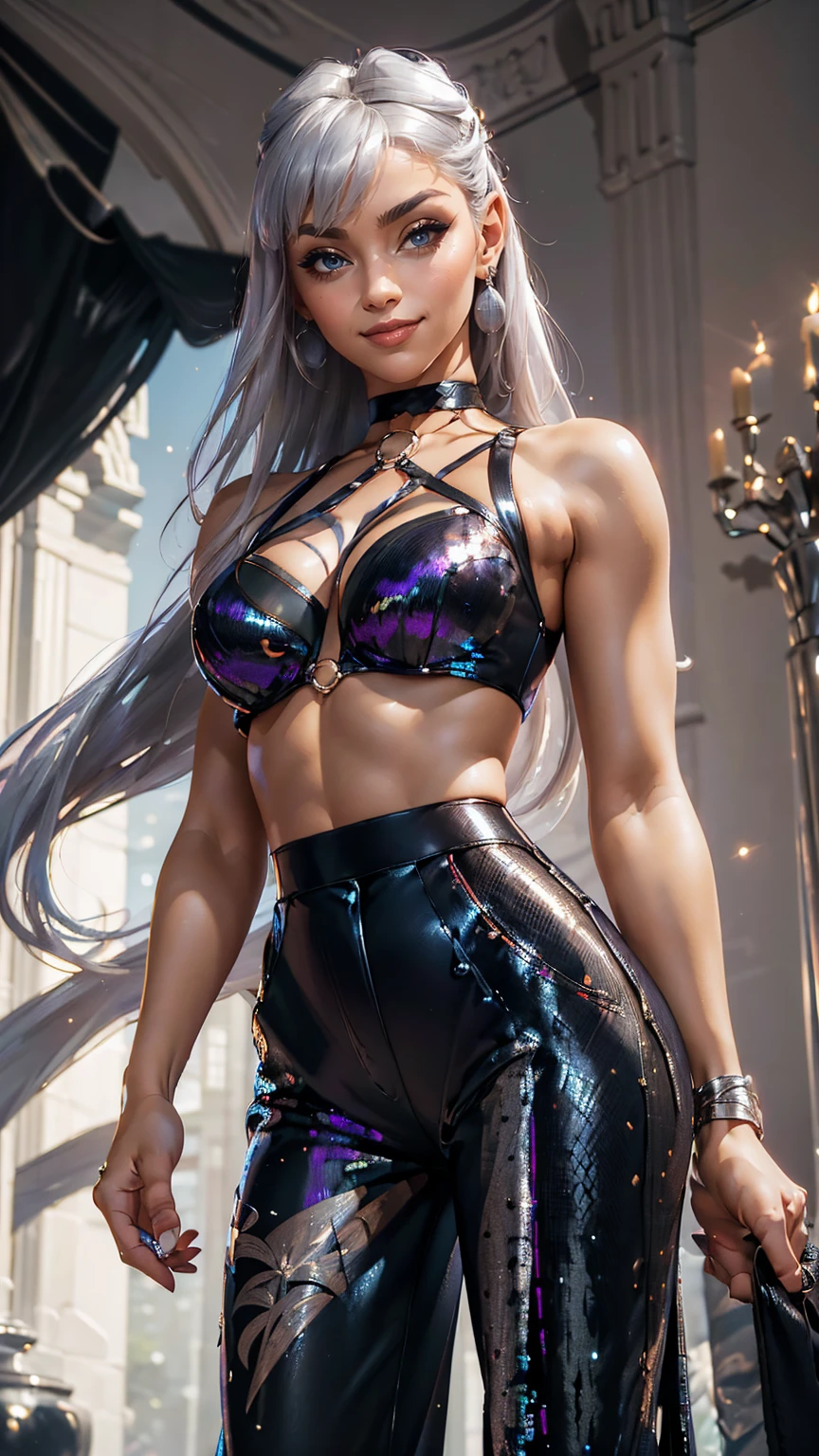 ((best qualityer, work of art)), detailded, realisitic, 1womanl, great, Fancy Sleeveless Floral Print Sexy Sequins Crop Top, Elegant trousers, choker, long elegant platinum silver hair;, Dark tons, smug smile