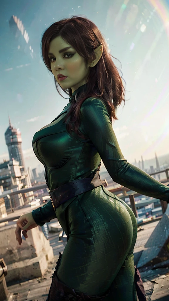 hyper realistic, 16k, best quality, masterpiece, (photorealistic:1.4), 1girl (alternative elf), Pretty young, Dream aesthetic, solo, red silky hair (realistic texture), pointed ears, realistic eyes, green skin, illuminated skin, realistic shading, (modern) black gothic dress (realistic textures), big hips, tights. waist up, dramatic lighting, from below, front, front view, multiple different poses at different angles, glowing skin, front, back lighting, athletic figure, muscular female, curvy, wide hips, colorful, looking at viewer, Hyperrealistic, gradient background, dark background, outline, cinematic lighting, (chromatic aberration, intricate details)
