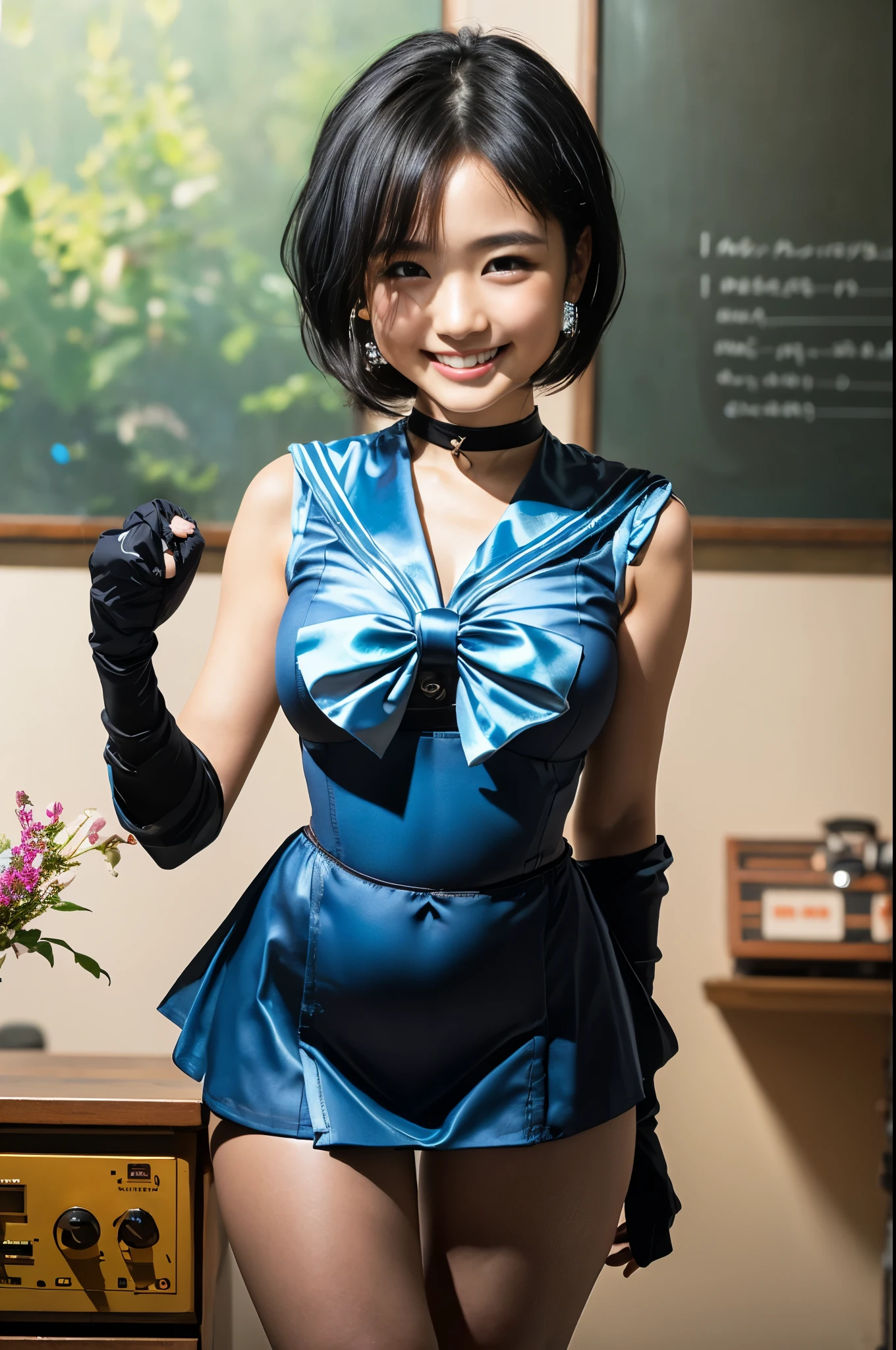 （8k、Raw photography、Highest quality、masterpiece：1.2),(Black Hair、Dark Eyes:1.9),(:1.6)、View your audience,Viewed from the front,White skin,(:1.4)、(Tight waist:1.6)、(Clothes that accentuate the shape of the breasts:1.0)、(Big Breasts :1.3)、Slim figure、Ultra-high resolution,beautiful,beautiful fece,(One person、No background:1.9),whole bodyボディー,Japanese women,（reality的：1.37）、Photon Mapping,reality、(Baby-faced and cute: 1.4)、(Cute Smile: 1.8)、(Round face: 1.8)、Radio City、Physically Based Rendering、Depth of field rally background、photograph, (I can see your knees、Thigh close-up:1.8),（:1.6）,whole body、Great quality