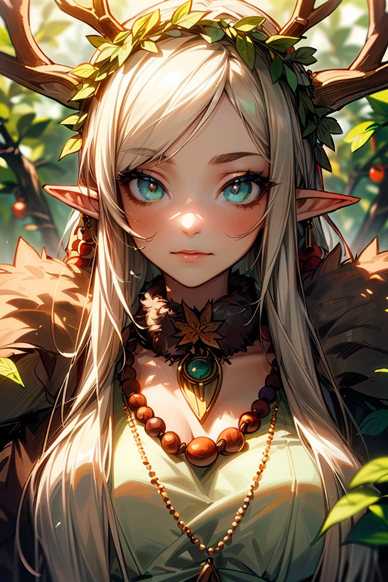 (beautiful queen of the wood elves:1.5),
(((beautiful face:1.5))),
(beautiful eyes:1.5),
(fur coat made of deer wool, deer antlers on the head:1.5),
(The wreath of leaves on the head:1.5),
(necklace of beads on the neck:1.5),
Masterpiece, 
best quality, 
edgQuality add_detail:1,