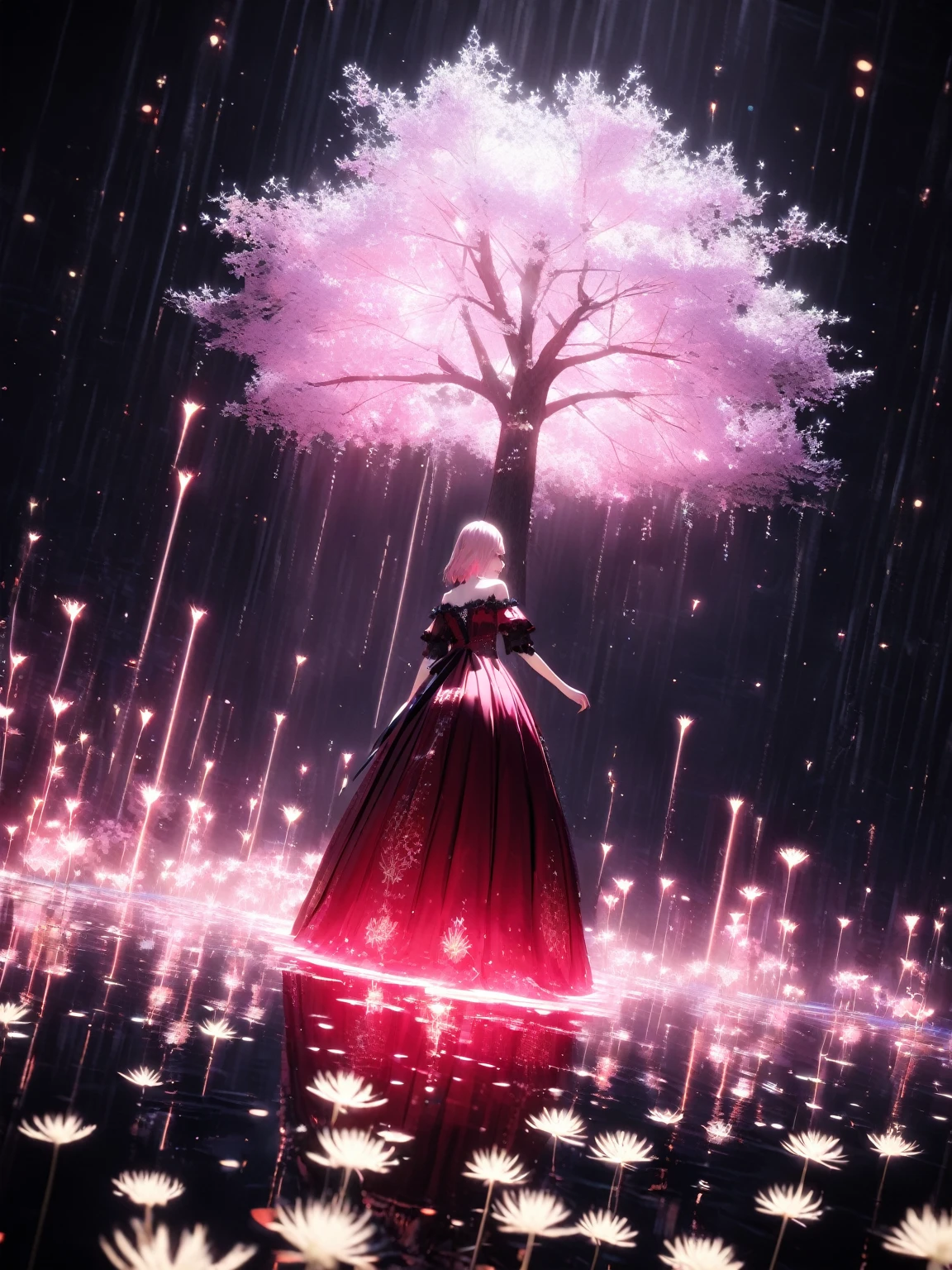 In the middle of the endless sea、White glowing tree made of neon red dandelions, Above stood a man in a long, beautiful dress.、Looking at my reflection on the water。, Black background, Neon Light, Unreal Engine,