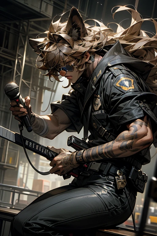 masterpiece,best quality,super detailed,super fine illustration,retro,noise,dynamic angle,8k,ascy art,Break Lion Ears,male,visual band,vocal,holding microphone,sunglass,cool,Police Officer,