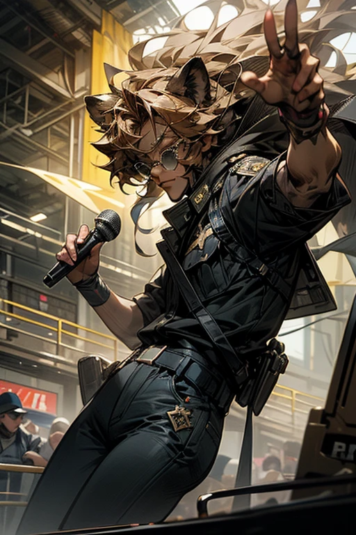 masterpiece,best quality,super detailed,super fine illustration,retro,noise,dynamic angle,8k,ascy art,Break Lion Ears,male,visual band,vocal,holding microphone,sunglass,cool,Police Officer,