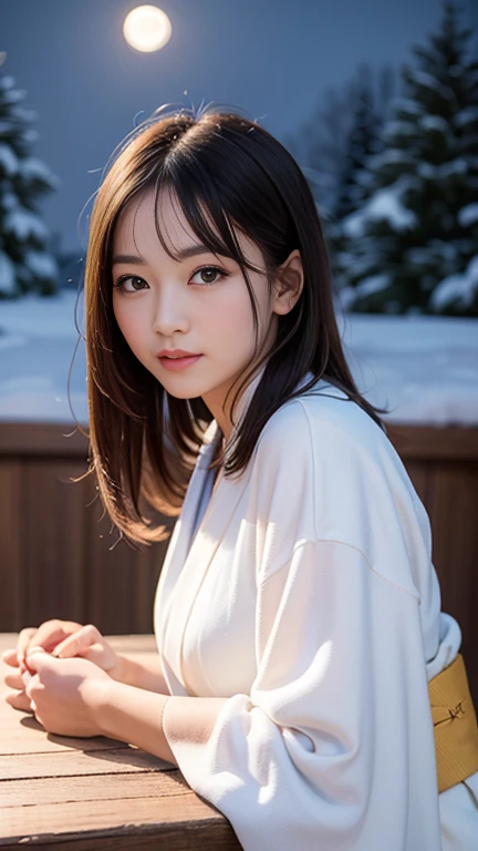 A beautiful woman, kimono that does not expose much of her skin.,(((In the moonlight of a blizzard, a woman looking good in a kimono with Japanese pattern,Floral scrunchie.))),Full-body photography from the ceiling,best image quality,professional angle of view,Exceptional detail,Super high resolution,realistic:1.4),high detail,focus on details,1girl concentrated in high concentration,long hair,delicate and beautiful face,The best smile with raised eyebrows and corners of the mouth,((glowing glass eyes)),
