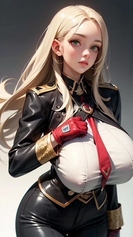   girl, Tall stature, little chest, closed mouth, Slavic appearance: Green eyes; blond hair; sharp facial features; dimple on the chin; Straight nose; high nose; pronounced high cheekbones; high forehead, stands upright, (gigantic breasts:1.4), detailed face, military uniform:  double-breasted overcoat; pants, Full-length painting, leather gloves