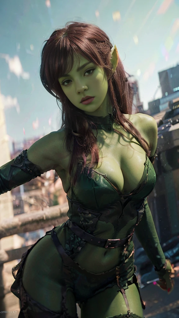 hyper realistic, 16k, best quality, masterpiece, (photorealistic:1.4), 1girl (alternative elf), Pretty young, Dream aesthetic, solo, red silky hair (realistic texture), pointed ears, realistic eyes, green skin, illuminated skin, realistic shading, (modern) black gothic dress (realistic textures), big hips, tights. waist up, dramatic lighting, from below, front, front view, multiple different poses at different angles, glowing skin, front, back lighting, athletic figure, muscular female, curvy, wide hips, colorful, looking at viewer, Hyperrealistic, gradient background, dark background, outline, cinematic lighting, (chromatic aberration, intricate details)