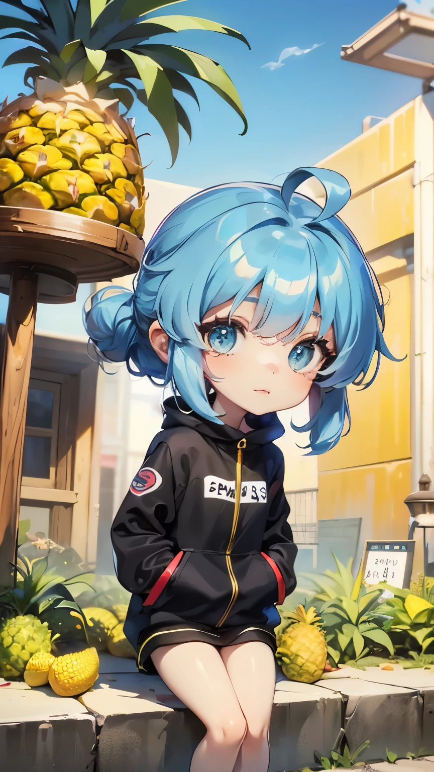 ((style:Colored pencil,pale colour)),(Chibi animation、One Chibi、masterpiece、Colored pencilで描かれた:1.2)、(Chibi Body、Small face、Cute all over、Light blue hair color, Short chignon hair:1.4),(Highly detailed eyes、Golden Eyes、Breast enlargement、Gloss Lip、 :3, Ahoge, Very thin legs)、(Big fresh pineapple:1.5)、(athlete:1.5),(The wind is blowing、Hold your knees、Pineapple Wallpaper、Summer vacation、Highly detailed art gems:1.4)、(Stylized anime, かわいいアートstyle, Anime-style illustrations, 8k, Cute girl anime visuals)