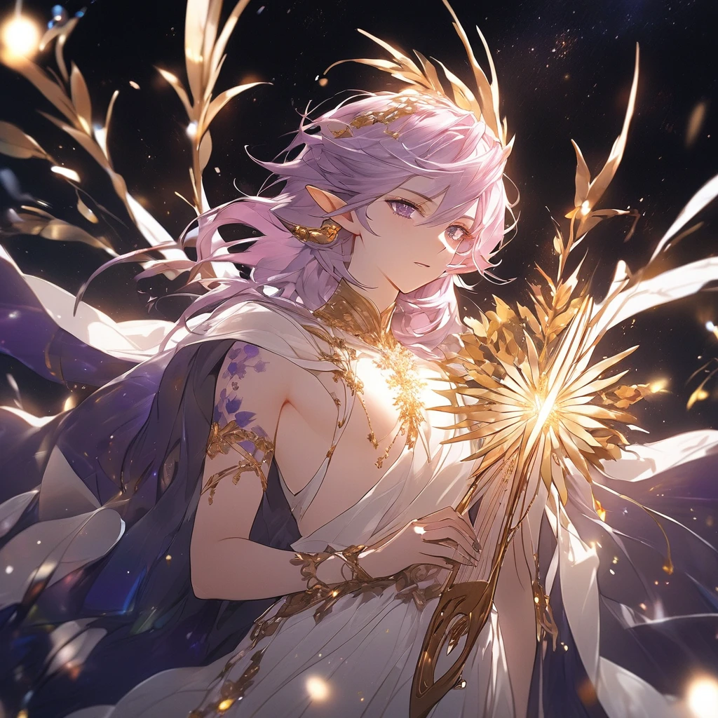Art Manhwa 2D (4k Wallpaper) (best qualityer) (super verbose) an elf boy, Light Purple Hair With Glitter, Light Purple Eyes Too, he wears a white skirt, a golden Olive Branch around the Head, He has a Violet musical note tattoo on his chest., Holds a Celestial Harp, Cheerful and Fun Personality of an Elven God of Music.