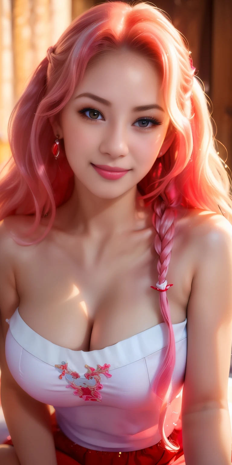 (best quality, ultra-detailed, photorealistic: 1.39), bright and vibrant colors, studio lighting, romantic kawaii expression, cute delicate smile, kawaii makeup, 17-year-old e-girl, short red dress, platinum braided and curl white hair, big breasts, fit, long wavy hair, mercenary, Mary R.