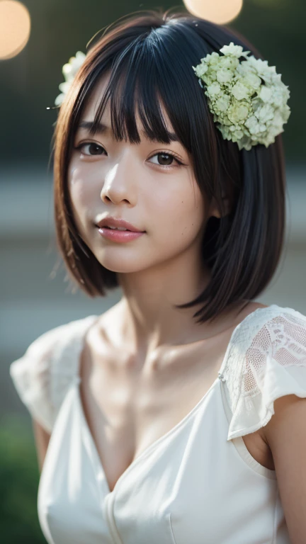 One girl,(RAW Photos, Highest quality), (Realistic, photo-Realistic:1.4), masterpiece, Very delicate and beautiful, Very detailed, 2k wallpaper, wonderful, In detail, Very detailed CG unity 8k wallpaper, Very detailed, High resolution, Soft Light, Beautiful detailed girl, Very detailed eyes and face, Beautifully detailed nose, Beautiful attention to detail,Cinema Lighting,Perfect Anatomy,A slim figure in a peplum dress,Blue Skirt,(Bokeh:1.2)
At the shrine,High stone stairs,(Hydrangea flowers),Cloudy Smile