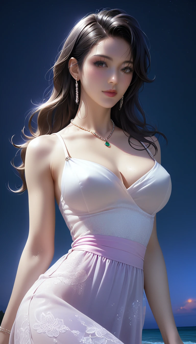 score_9, score_8_superior, score_7_superior, Masterpieces with up to 16K resolution,Highest quality,it is really amazing,Very detailed,Ultra-high resolution,Ultra-realistic,Realistic,Increased depth of field,Cinematic lighting,
Elegant Japanese MILF,
Long black hair,Ultra-detailed and beautiful faces,Translucent white skin,Very detailedな肌,
Elegant resort dresses,
Bold design,Artistic design,Beautiful and detailed pattern,Detailed fabric texture,
Gorgeous necklace,Earrings,
Bali Beach,Dark beach at night,Deserted beach,A pitch black night sky with dark clouds,
Dramatic Angle,