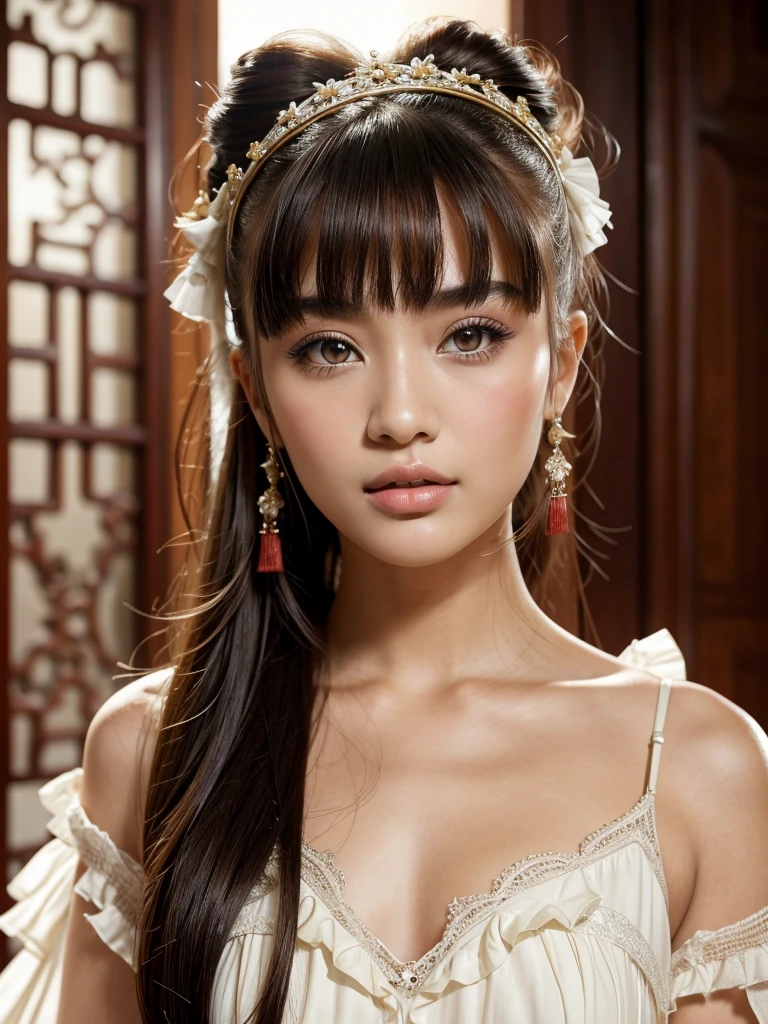 Chinese Palace,1,lily,twintails,brunette hair,By bangs,Chinese long micro dress,flowers,12 year old female model,PRİNCESS,ssmile,ultra large neckline: 1.3; (((beautiful beautiful, posing for uploads, sexy, ruffled lips, extremely beautiful eyes))), highly detailed, Sharp focus, (Main lighting), extremely beautiful, perfect beauty
