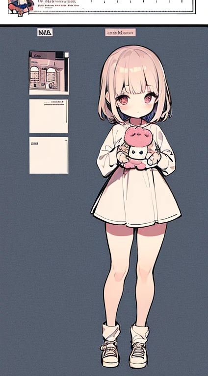 cute preschooler girl with a  plush in her hands, oversized clothes, ((character sheet)), (full body shot)