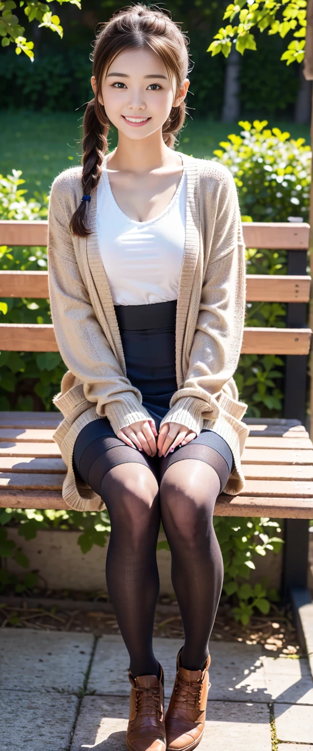 (high quality, High resolution, Very detailed, Realistic:1.37), (Full body pose)、(Full body photo of the girl)、Peaceful atmosphere, (Plein Air, garden)、 ((Big twin tails、Big scrunchies))、((Sit on a bench))、18 year old high school girl、B cup、Beautifully detailed features, Cute Smile, (Brown Hair), (Casual clothing), (Tight sweater)、(cardigan)、(Checked mini skirt), (black tights)、(tight round boot字開脚でSit on a bench)