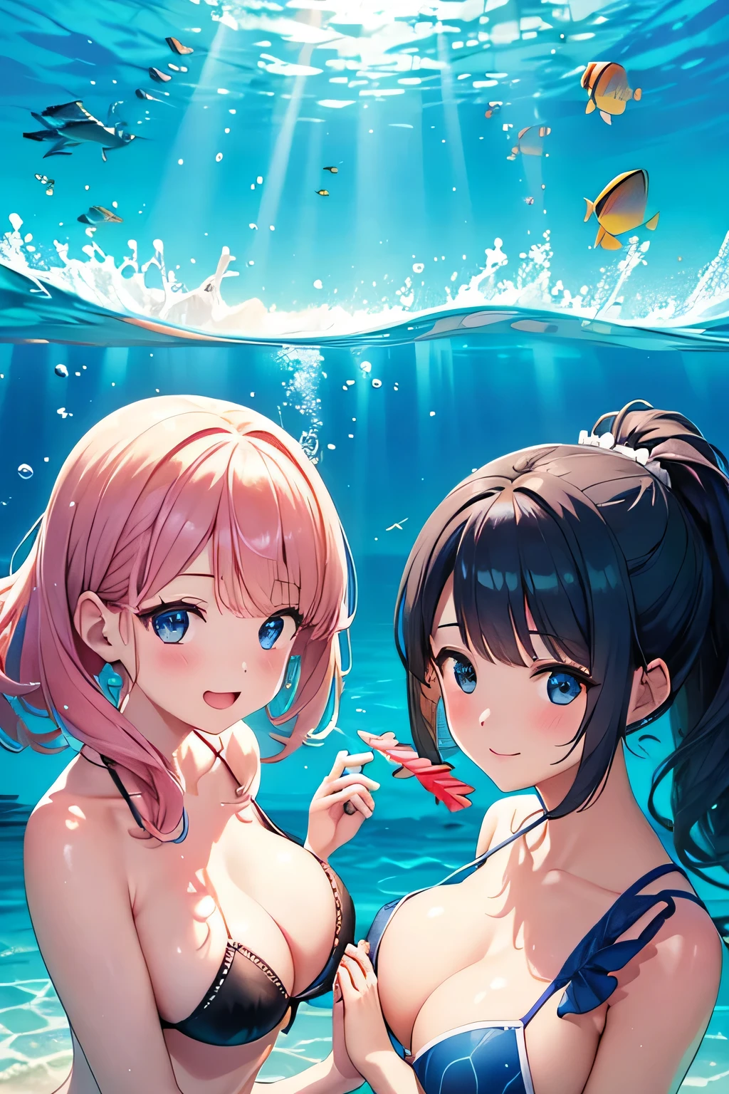 Highest quality、High resolution、Detailed Background、(Beautiful face in every detail:1.4)、Anatomically correct、(Normal number of fingers:1.2)、Detailed eyes、age beauty、Highly detailed face、(Huge breasts:1.2)、Perfect body line、Light color hair、Bobcut、ponytail、cute hairstyle、well-groomed eyebrows、cute gesture、Natural beauty、Enjoy in nature、
(Two beautiful girls enjoying snorkeling and diving:1.5)、
Clear blue sky and sea、The girls floating there、Free and adventurous in the sea、They seem to enjoy themselves while cherishing their friendships.、The dance of blue sea and light、The sky reflected on the blue sea、In the clear water、
Put on your diving gear and dive into the ocean、What unfolds before my eyeysterious underwater world、Fish swimming on the coral reef、It's like a different world、Move your body slowly、Enjoy the view、Enjoy snorkeling with friends while holding hands、Explore the blue ocean while being rocked by the waves、Occasionally popping out to take a breath and showing a happy smile、
Immerse yourself in the freedom and bliss of the ocean、The sunlight shines on the sea、The underwater world is mysterious、
Enjoy a fulfilling time while feeling the pleasant sea breeze、Enjoy the underwater world with your friends、cute