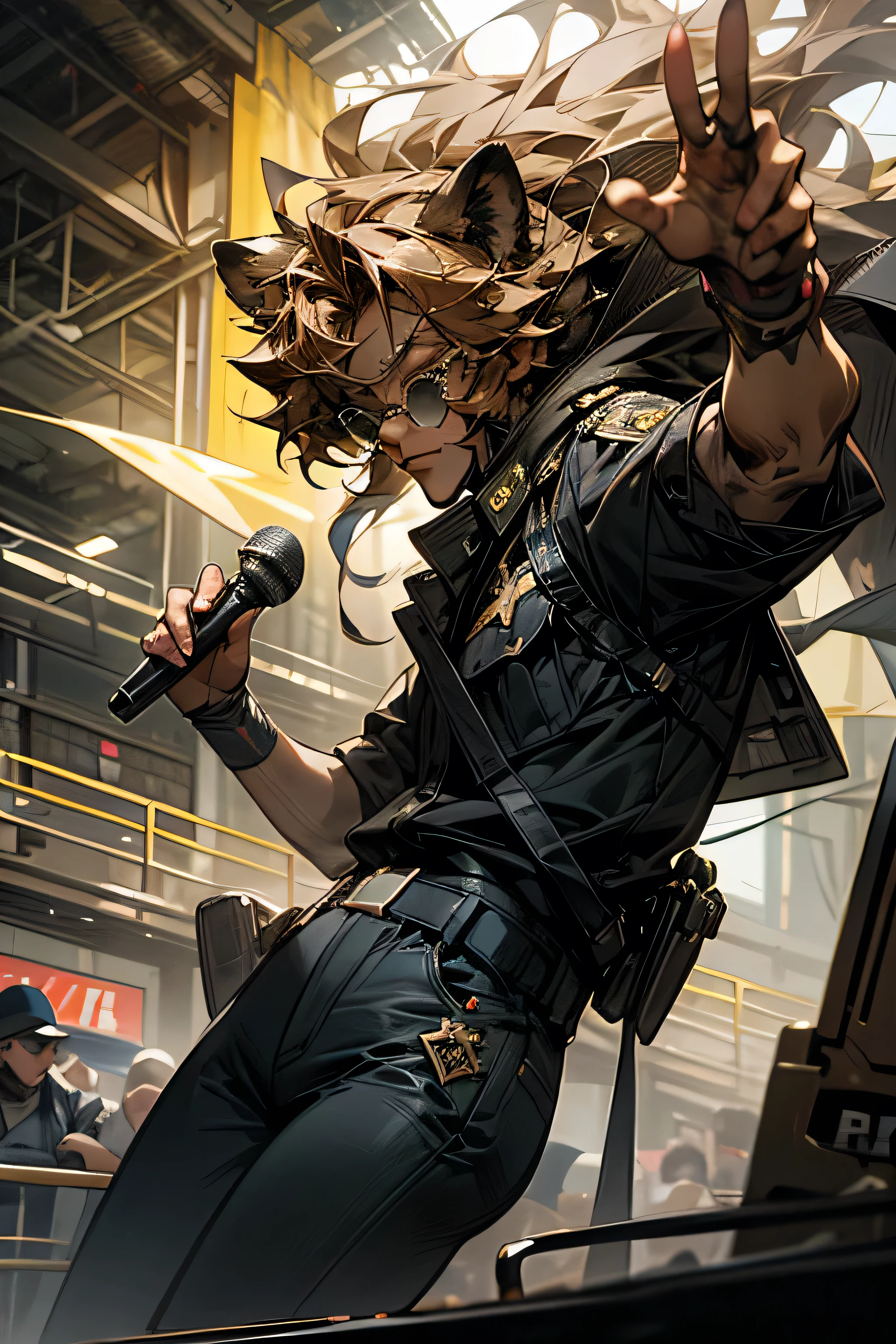 masterpiece,best quality,super detailed,super fine illustration,retro,noise,dynamic angle,8k,ascy art,Break Lion Ears,male,visual band,vocal,holding microphone,sunglass,cool,Police Officer,