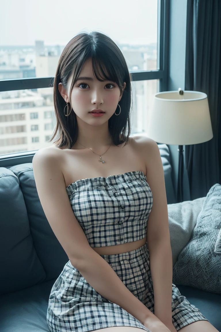 (Highest quality:1.4)，(masterpiece:1.4)，(Realistic:1.4)，(Realistic:1.2)，(超High resolution， RAW Photos:1.4)，(High resolution， Ultra-detailed:1.2)，(8k:1.2)，View your viewers，Cinematic photography，One girl，skeletally correct，Black-haired woman，Woman in her early 20s，(Small earrings，necklace，ponytail，Frilled Cami，Shorts)，（Western-style building interior，Dimly lit room，The lamplight shines on my cheeks，Sit on the sofa）