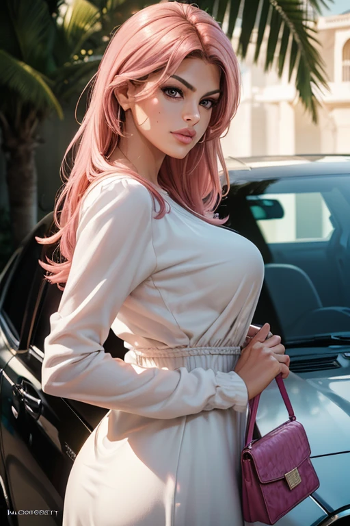 eva_mendes, 1girl, solo, long hair, looking at viewer,pink hair, long sleeves, dress, holding handbag, jewelry, earrings, parted lips, solo focus, looking back, nail polish, white dress, bracelet, pink dress, black nails, realistic, (masterpiece, best quality, ultra-detailed, best shadow), high contrast, (best illumination), ((cinematic light)), colorful, hyper detail, dramatic light, intricate details, (1 girl, solo) , ultra detailed artistic photography, dreamy, backlit, shadows, ultra high definition, 8k, ultra sharp focus, ultra high quality model, soft lighting, film photography, analogue photography, hyperrealism,, ((perfect eyes, detailed eyes,realistic eyes)), ((sharp face, detailed face, realistic face, naturtal skin, realistic skin, detailed skin, pores))