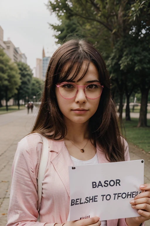 make an image of a girl with pink glasses in a park and her sign is leo