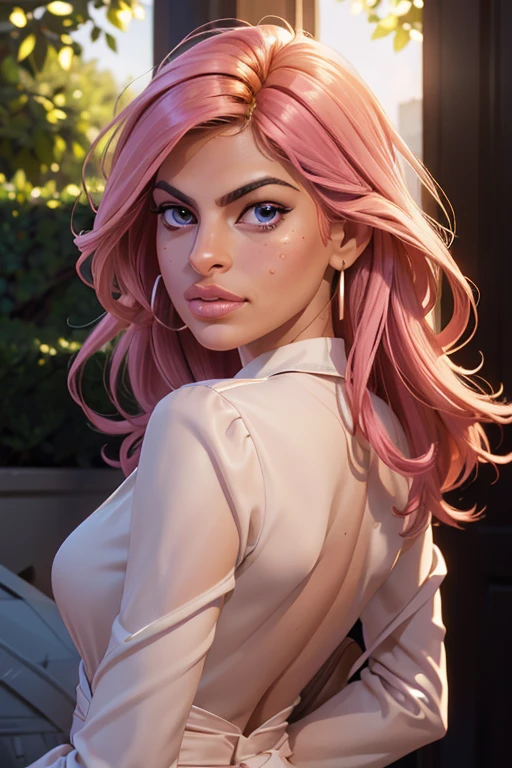 eva_mendes, 1girl, solo, long hair, looking at viewer,pink hair, long sleeves, dress, holding handbag, jewelry, earrings, parted lips, solo focus, looking back, nail polish, white dress, bracelet, pink dress, black nails, realistic, (masterpiece, best quality, ultra-detailed, best shadow), high contrast, (best illumination), ((cinematic light)), colorful, hyper detail, dramatic light, intricate details, (1 girl, solo) , ultra detailed artistic photography, dreamy, backlit, shadows, ultra high definition, 8k, ultra sharp focus, ultra high quality model, soft lighting, film photography, analogue photography, hyperrealism,, ((perfect eyes, detailed eyes,realistic eyes)), ((sharp face, detailed face, realistic face, naturtal skin, realistic skin, detailed skin, pores))