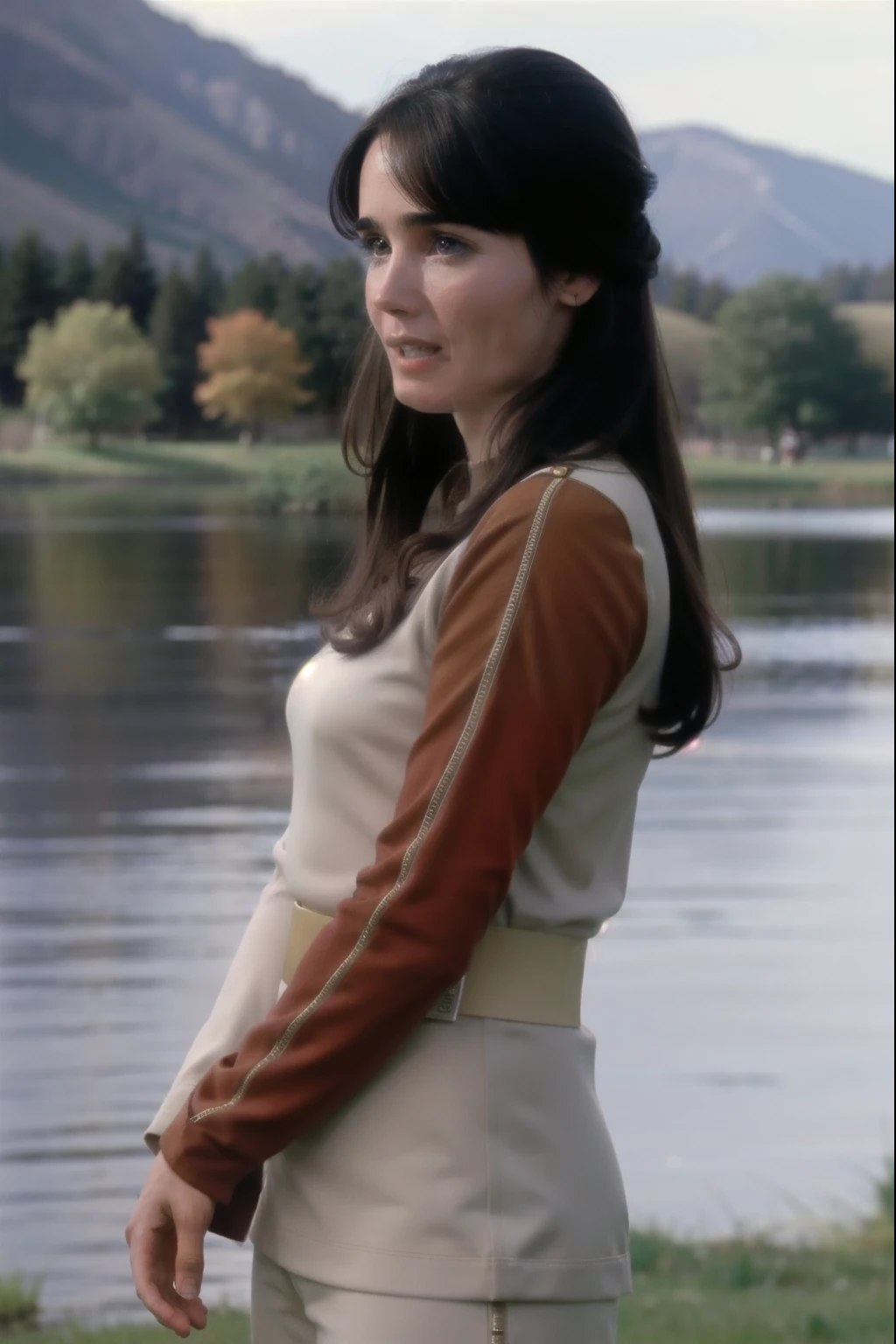 Jennifer Connelly in s1999unf uniform,brown left sleeve,near a lake,long hair