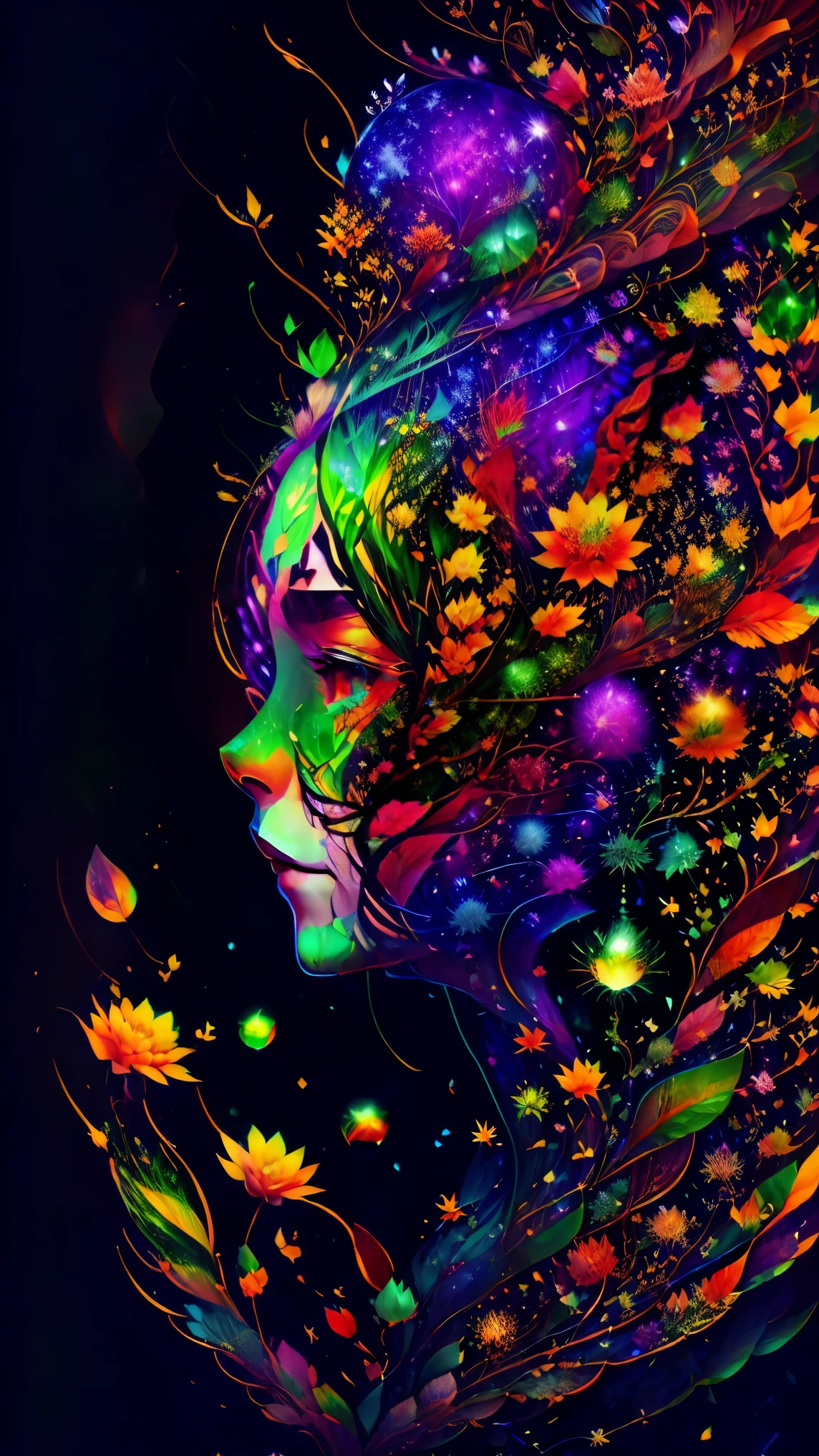 plant girl, Vine Princess, Witch of Thorns, Beautiful line art photo, Use green color brushstrokes and rainbow paint, Yellow green Ratio, melted wax, Visible strokes, surrounded by crystal ball, 3D Mosaic Wireframe, neuroimaging, Neurons, tree of Life, Farbe, Passion, oil on canvas, thick strokes, Crazy details, 8k Ultra HD, masterpiece, art station, Surrealism, plant witch, Vine Queen, Witch of Thorns