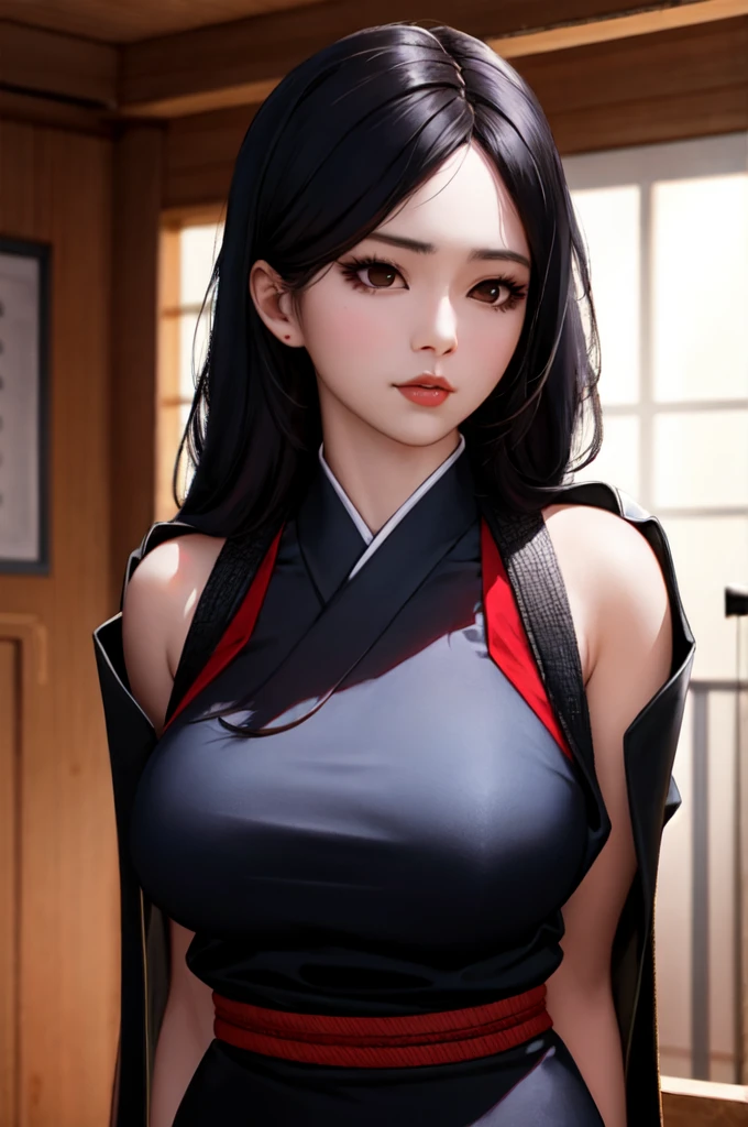 Jinah, a young Korean samurai woman in her twenties, possesses an imposing yet graceful presence. Her long hair, styled like that of a kunoichi, is dark black. Her deep brown eyes, almost black, hold a wise and determined gleam. Her face is fine and well-defined, reminiscent of Korean K-pop idols. Her expression is serious but can soften in the presence of those she protects. Her skin is fair and pale. She has an athletic and well-proportioned physique, with a few pleasant feminine curves. She is dressed as an samurai without sexiness. She poses in a tradtionnal korean dojo. Ambiance sombre by Yang J, Guweiz, (best quality, 4k, highres, masterpiece:1.2), ultra-detailed, (realistic, photorealistic:1.37), HDR, UHD, studio lighting, ultra-fine painting, sharp focus, physically-based rendering, extreme detail description, professional, vivid colors, bokeh, portraits, landscape, horror, anime, sci-fi, photography, concept artists, vibrant color tones, atmospheric lighting