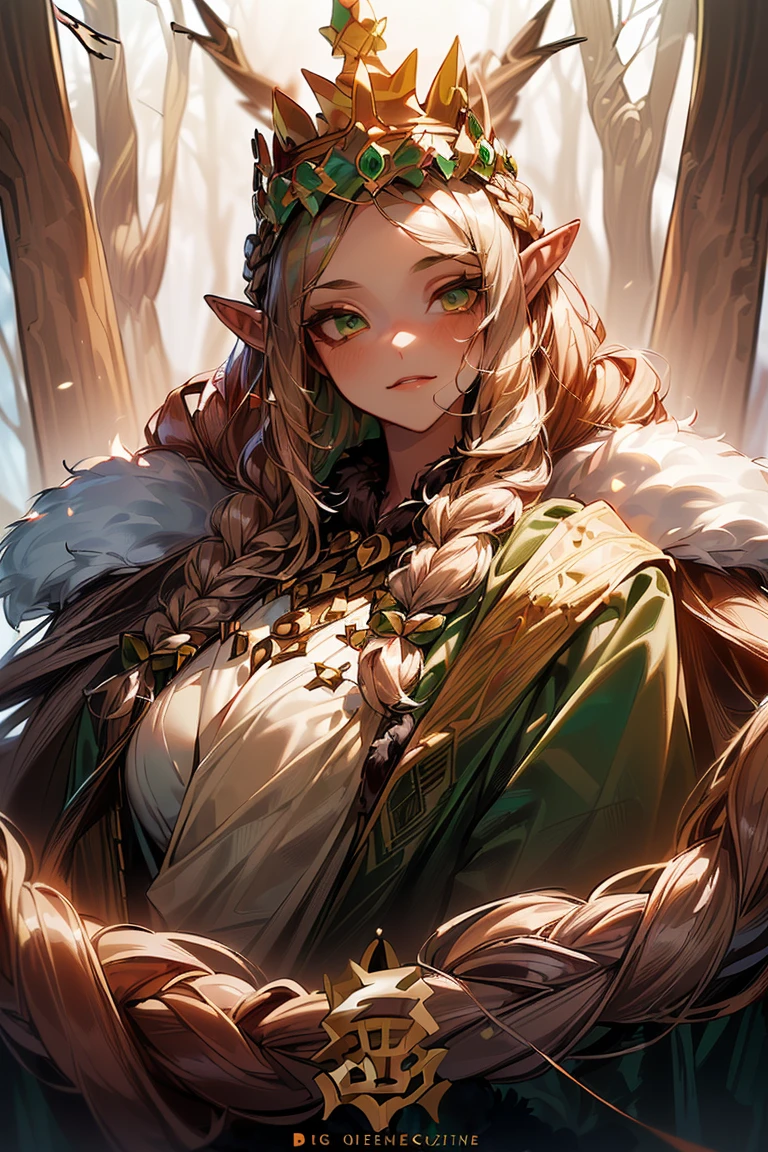 (((beautiful queen of the wood elves:1.5))),
(((Big crown on the head:1.5))),
(((beautiful royal fur coat:1.5))),
(((beautiful cloth of kings:1.5))),
(beautiful voluminous hair:1.5),
(((braids on hair:1.5))),
(((beautiful long hair:1.5))),
beautiful ancient vampire clothing,
beautiful clothes of noble vampires, 
beautiful cloth of kings,
beautiful face, 
beautiful eyes,
Masterpiece, 
best quality, 
edgQuality,