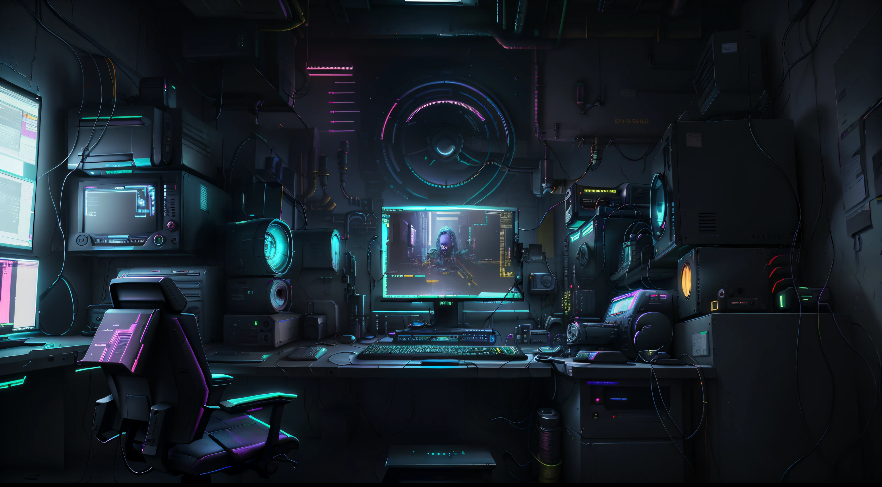 there is a computer monitor sitting on top of a desk, like a cyberpunk workshop, cyberpunk setting, console and computer, in a darkly lit laboratory room, dark setup, cyberpunk basement, computer painting, in a cyberpunk themed room, cyberpunk lut, pc screen image, cyberpunk atmosphere, computer render, portrait of a cyberpunk machine