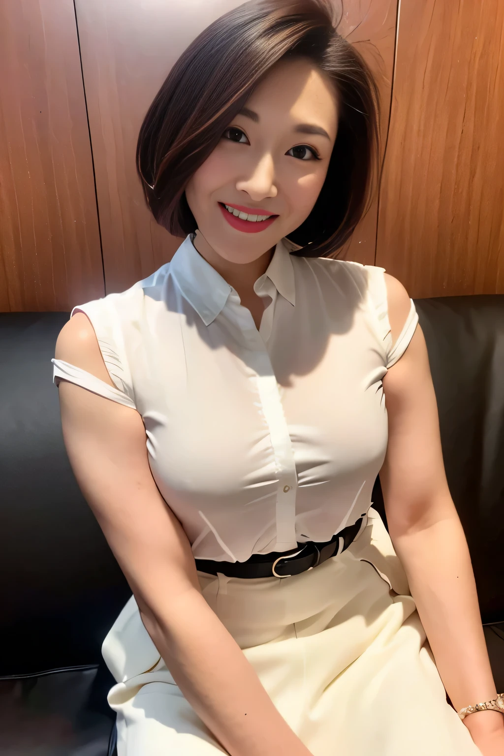 Detailed Background, masterpiece, Highest quality, 1 person , Short Bob Cut Hair, Brown eyes, Stars in my eyes ,  White see-through blouse, Long skirt、High heels、Pencil Skirt、Small breasts、Sitting on a bed in a love hotel、Perfect Makeup、Smiling with wide open mouth、Beautiful teeth、