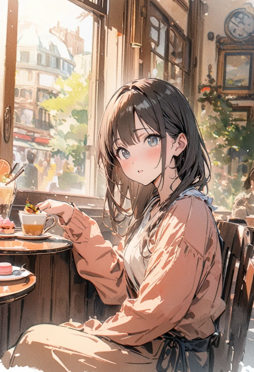 masterpiece,highest quality,ultra-detailed,high-definition background,8k,hi-res,high quality,BREAK,japanese manga style, sketch, Watercolor Colors,Cafe with a nice atmosphere,Antique interior,Stylish interior,girl,leisurely,Relax,sweets, 