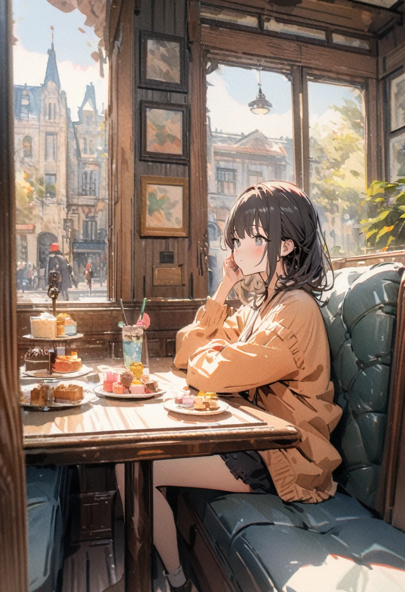 masterpiece,highest quality,ultra-detailed,high-definition background,8k,hi-res,high quality,BREAK,japanese manga style, sketch, Watercolor Colors,Cafe with a nice atmosphere,Antique interior,Stylish interior,girl,leisurely,Relax,sweets, 