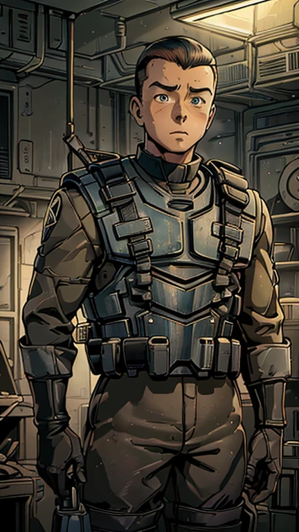 (Teens:1boy: Tintin,clark), (extremely detailed CG unit 8k wallpaper),(master part), (best quality), (ultra detail), (best illustration),(melhor ombre), cowboy shot, (Sharp eyeliner, ombre, detailedeyes:1), post apocalyptic interiors background, ,break , (starship troopers armor), upper body, short hair, black hair