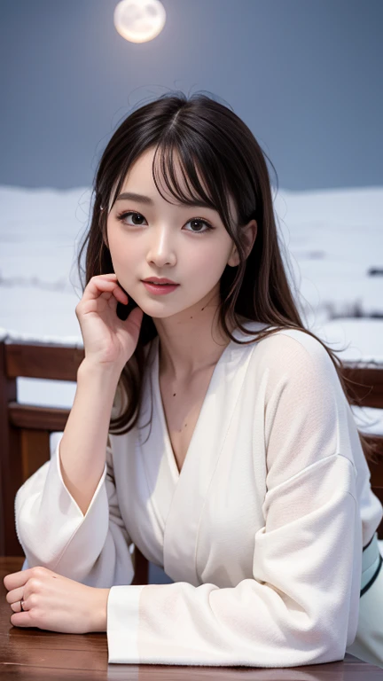 A beautiful woman, kimono that does not expose much of her skin.,(((In the moonlight of a blizzard, a woman looking good in a kimono with Japanese pattern,Floral scrunchie.))),Full-body photography from the ceiling,best image quality,professional angle of view,Exceptional detail,Super high resolution,realistic:1.4),high detail,focus on details,1girl concentrated in high concentration,long hair,delicate and beautiful face,The best smile with raised eyebrows and corners of the mouth,((glowing glass eyes)),
