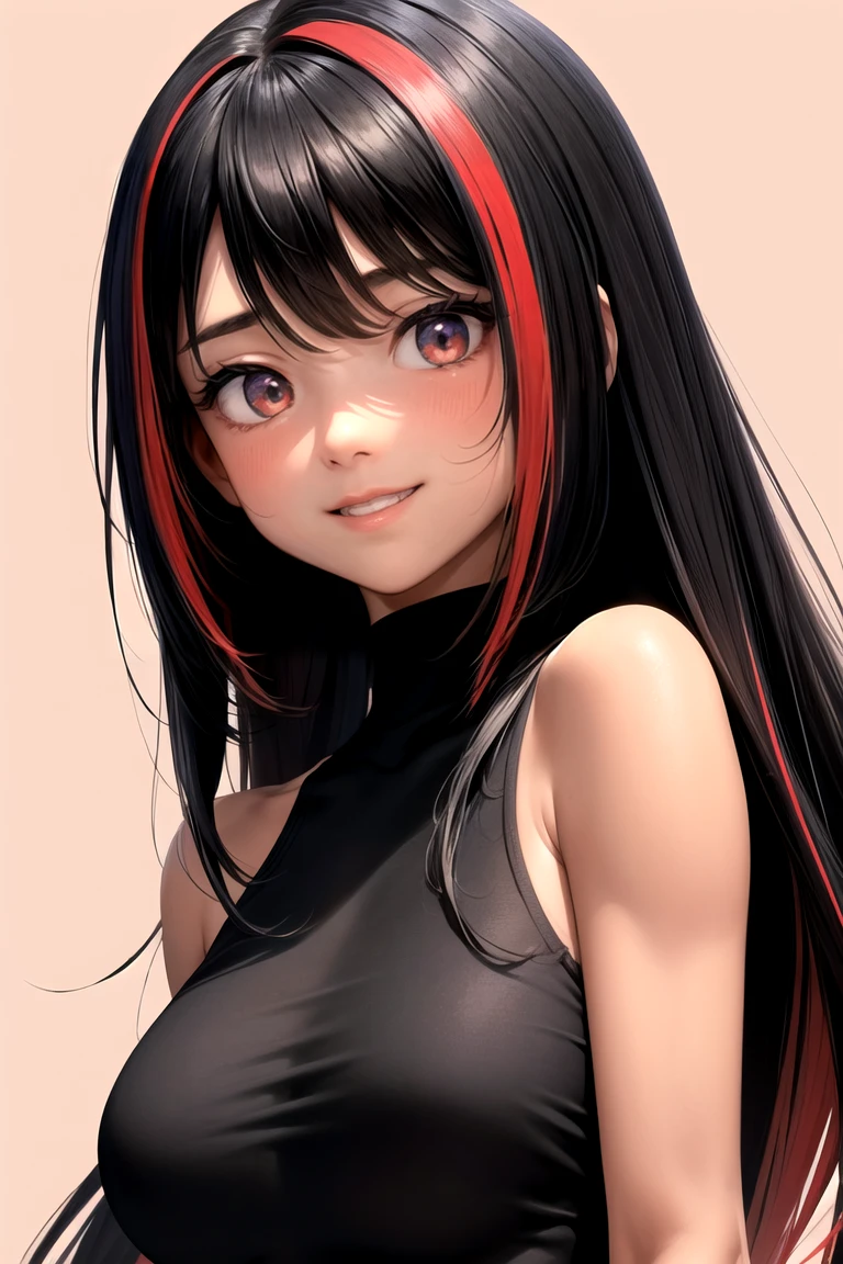 masterpiece, best quality, 8K, Very High Resolution, no lighting, no shadow, ((an anime girl), ((simple background)), (upper body, frontal face, straight-on: 1.3), (tanned skin: 1.2) BREAK black long hair, red streaked hair, highlights hair, pastel color eyeballs, happy smile