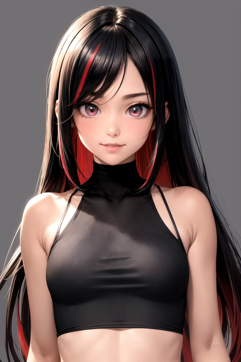 masterpiece, best quality, 8K, Very High Resolution, no lighting, no shadow, ((an anime girl), ((simple background)), (upper body, frontal face, straight-on: 1.3), (tanned skin: 1.2) BREAK black long hair, red streaked hair, highlights hair, pastel color eyeballs, happy smile