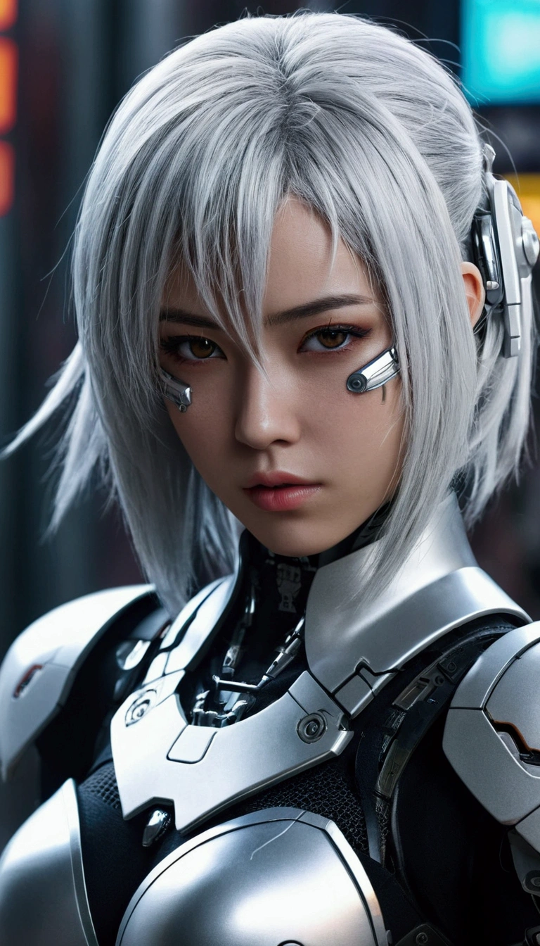 a close up of a person in a costume with a sword, cyberpunk art by Raymond Han, pixiv contest winner, fantasy art, perfect android girl, cyborg - girl with silver hair, perfect anime cyborg woman, beautiful female android!, beutiful white girl cyborg, cyborg - girl, cyborg girl, anime robotic mixed with organic, biblical female android, cute cyborg girl
