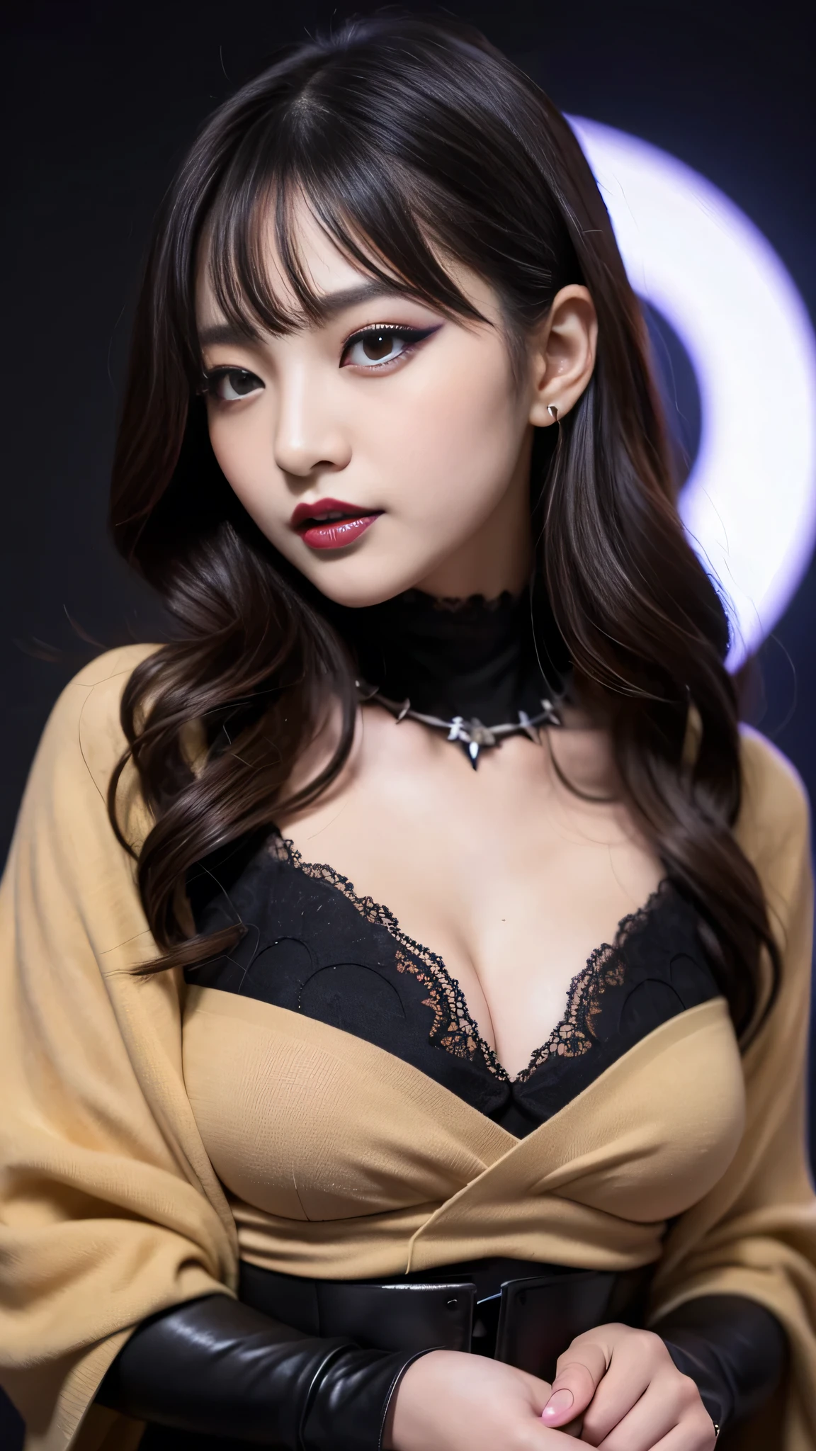 best quality、ultra-detailed、8k、Japanese、Seductive beauty、seductive adult woman、Pretty Woman、cool girl、smirk、Wicked Smile、Villainess、brainwash makeup、brainwash、Fallen into evil、Evil look、evil、Brown hair、wavy hair、swept bangs、dark makeup、piercing eyes、hollow eyes,half-closed eyes、Hollow Eyes、purple Eyeshadow、black lipstick、black lipglos、Purple Eyeshadow、black lipstick、black lip gloss、Dark Makeup、smirk、Whisper in my ear、Evil look、suit、Jacket、blouse、ribbon、Tight Skirt、pantyhose、Shiny beautiful legs、night、inside darkroom、Kiss、I have lipstick、Are standing、Look、Offer、shoot from below、